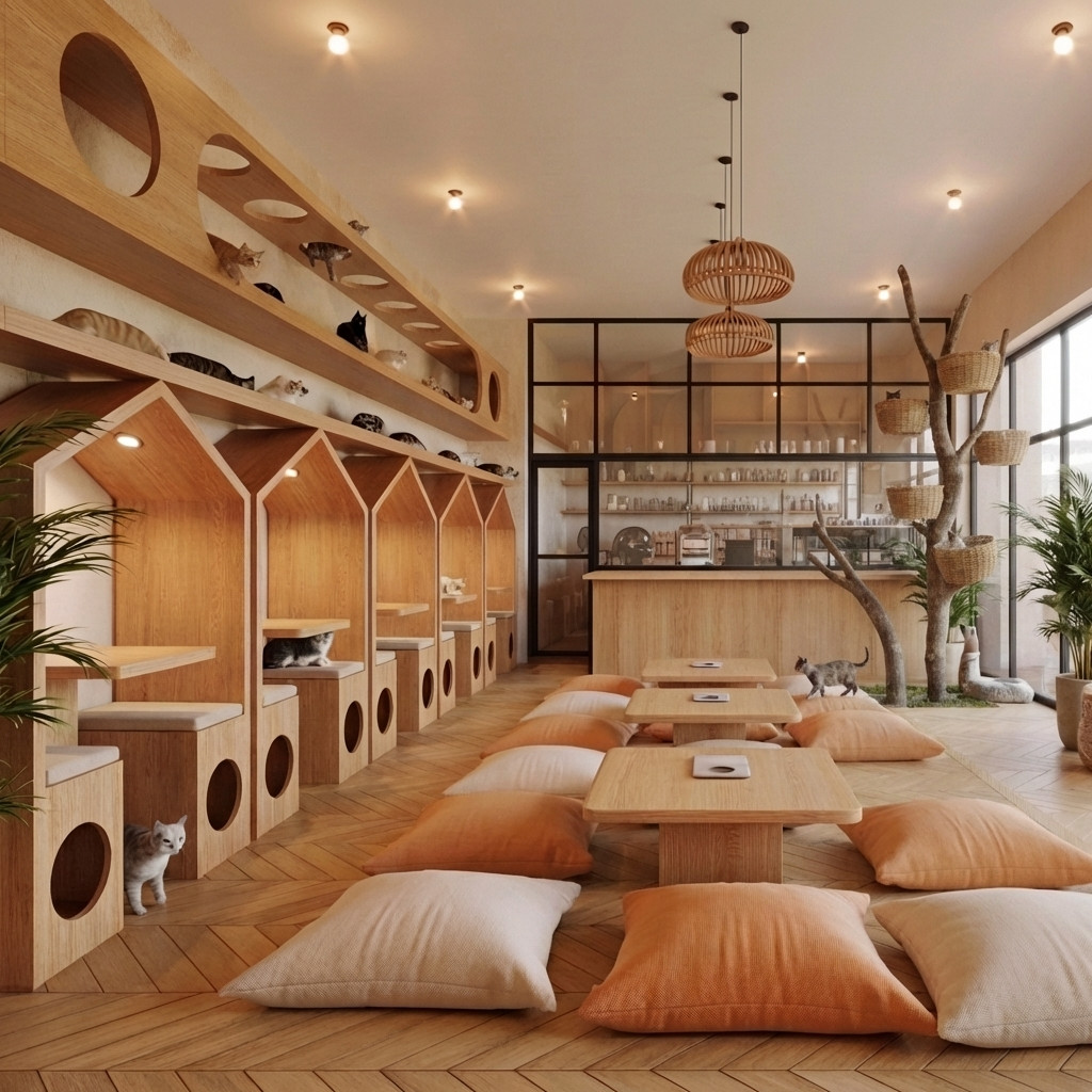 With Cats interior — warm Bali-Scandi café space with cats